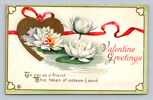 antique valentine postcard water lilies heart ribbon design