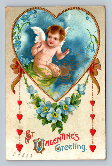 antique valentine postcard cupid in heart spider web design 1910