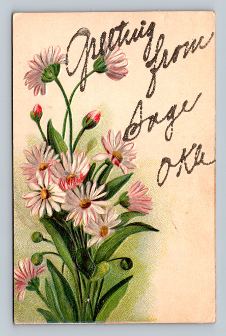 Greetings from Sage Oklahoma glitter floral antique postcard