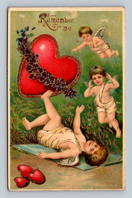 antique valentine postcard multiple cupids heart remember me chicago 1918