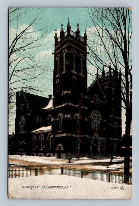 Antique postcard of St. Mary's Church in Binghamton, NY, postmarked 1913