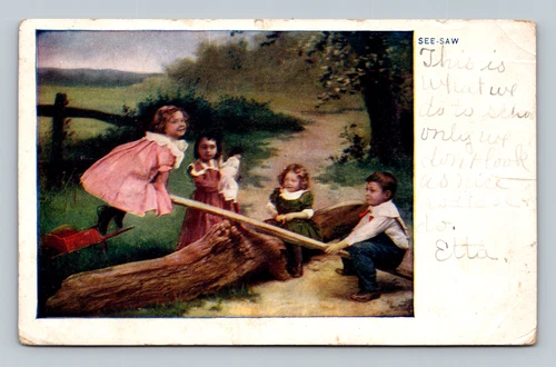 Antique postcard of children playing on a see-saw from Souelton