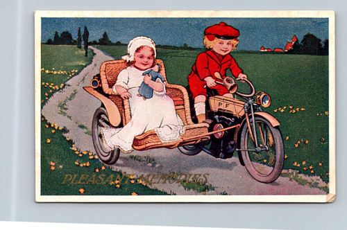 Pleasant Memories antique postcard with classic stamp design