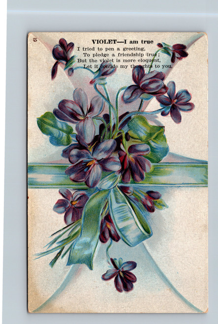 Antique postcard featuring violet flower with poetic greeting