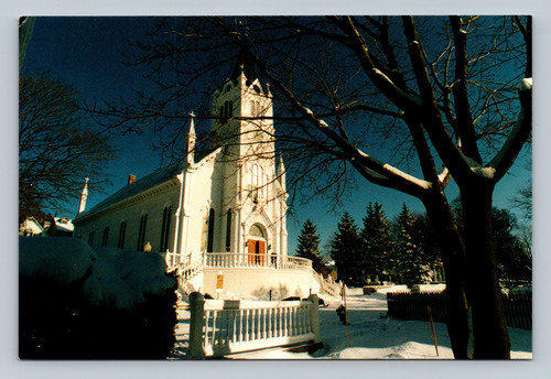 Winter at Ste. Anne's Catholic Church on Mackinac Island vintage postcard