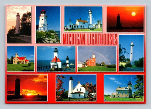 Postcard of Michigan lighthouses including Tawas Point and Whitefish Point by C Penrod Hiawatha
