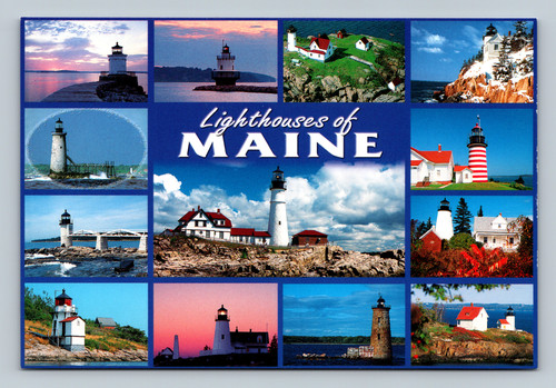 Antique postcard showing lighthouses of Maine including Portland Head Light and Nubble Light