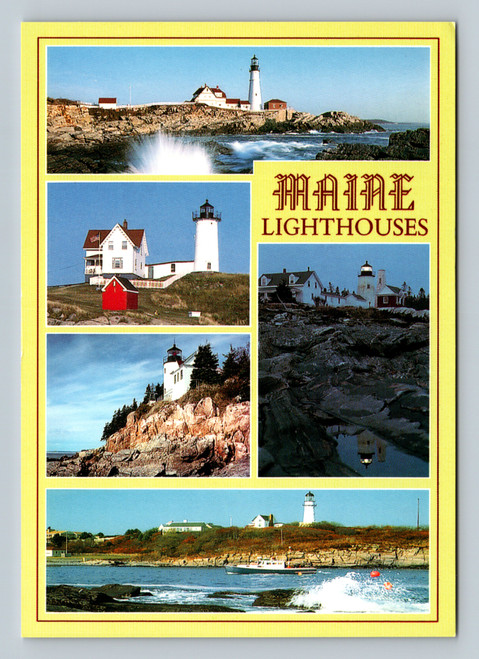 Historic Lighthouses of Maine postcard featuring Portland Head Light and others