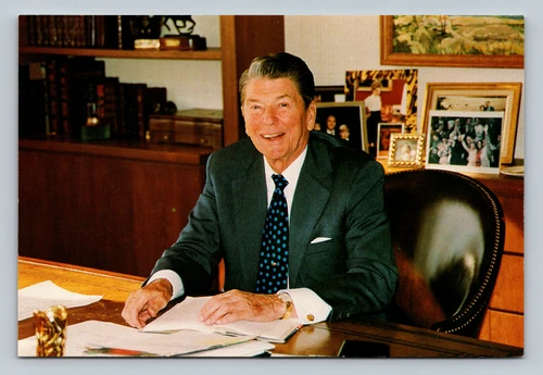 President Reagan working at his Century City office postcard
