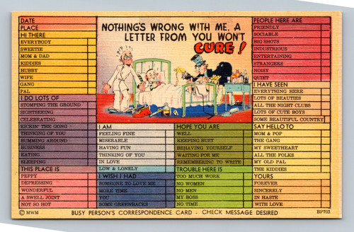 Busy Person's Correspondence Card with phrases about feelings and activities by MWM Aurora Mo