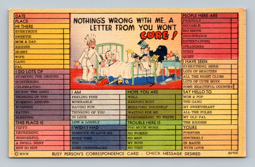 Busy Person's Correspondence Card with phrases about feelings and activities by MWM Aurora Missouri
