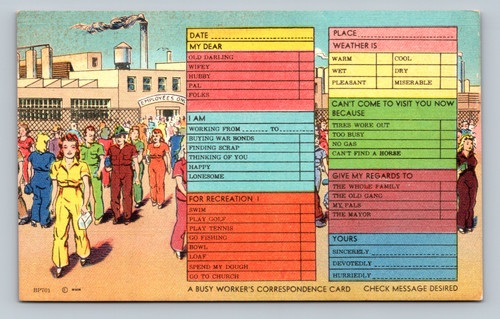 Busy worker's correspondence postcard with work and weather phrases from Aurora MO