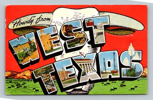 Vintage postcard showing various Texas locations including Guadalupe Peak and Texas Tech College