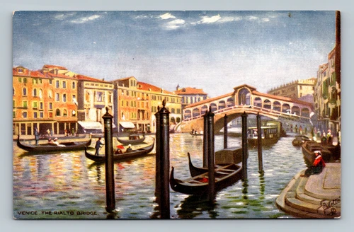 The Rialto Bridge in Venice with shops and busy life on the bridge, vintage postcard by Raphael Tuck & Sons