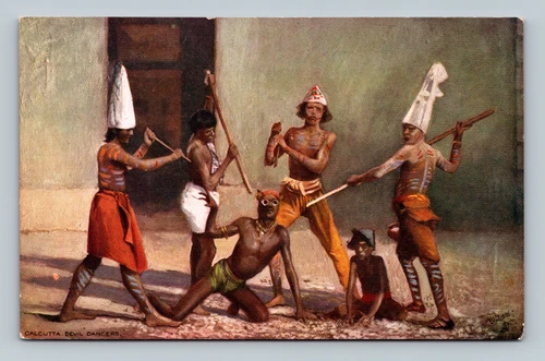 Devil Dancers with painted bodies and masks performing in Calcutta