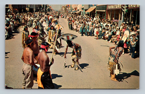 Gallup Inter-Tribal Ceremonial parade with Apache Crown Dancers postcard by Petley Studios