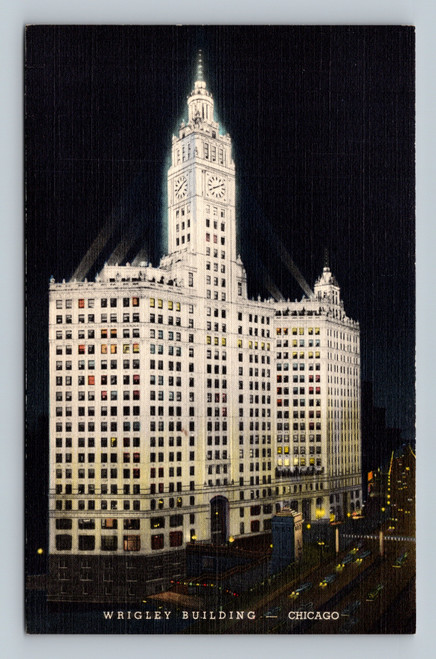 Vintage postcard of Wrigley Building in Chicago by Genuine Curteich-Chicago