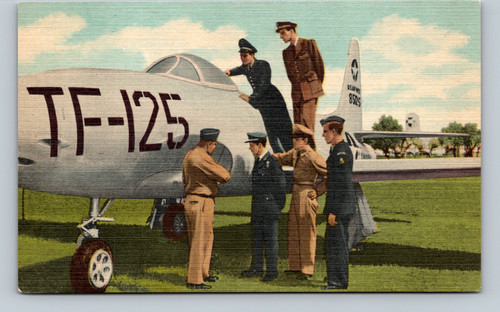 Allied Students at U.S.A.F. Preflight School examining F-80 Shooting Star Jet Fighter at Lackland Air Force Base