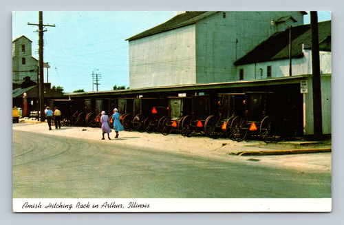 Amish Hitching Rack in Arthur Illinois vintage postcard by ROCKOME GARDENS