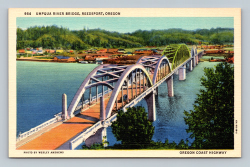 Umpqua River Bridge steel swing span and concrete tied arch spans postcard