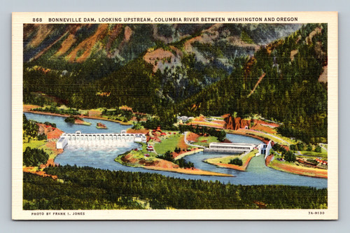 Bonneville Dam looking upstream on Columbia River between Washington and Oregon