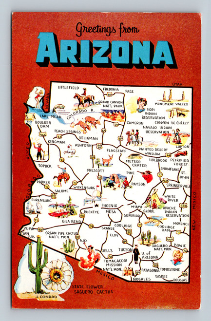 Greetings from Arizona postcard with Grand Canyon, Monument Valley, and other landmarks