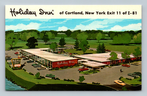 Holiday Inn hotel building and amenities Cortland NY linen era postcard