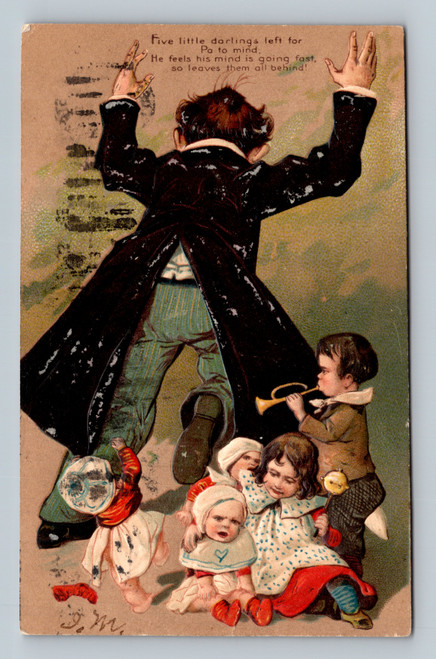 Five Little Darlings Left for Pa to Mind postcard