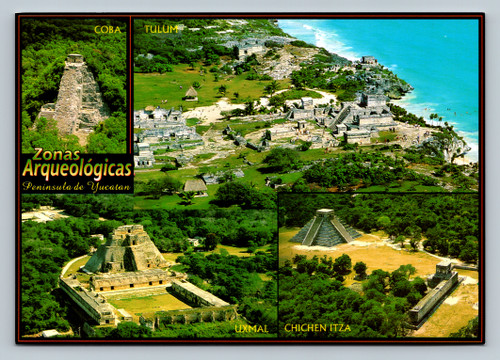 Postcard of Mayan ruins including Coba, Tulum, Uxmal, and Chichen Itza in Yucatan Peninsula