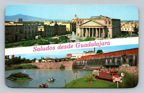Vintage postcard of Degollado Theater and Alcalde Park in Guadalajara, México