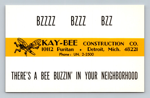 Kay-Bee Construction Co. advertisement postcard with bee in Detroit neighborhood