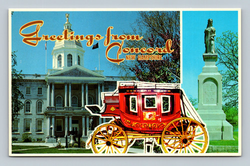State House with Concord Coach and Hannah Dustin Monument postcard from Concord, New Hampshire