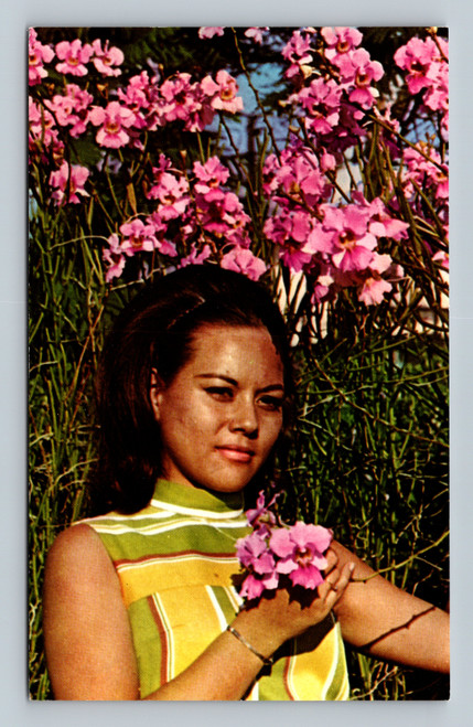 Native girl in field of orchids in Agana, Guam postcard