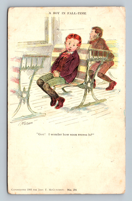 Boy in fall-time wondering about recess, postcard by John T. McCutcheon