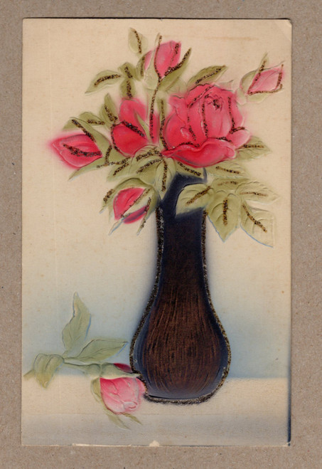 Antique embossed German postcard featuring pink roses in dark vase with glitter accents