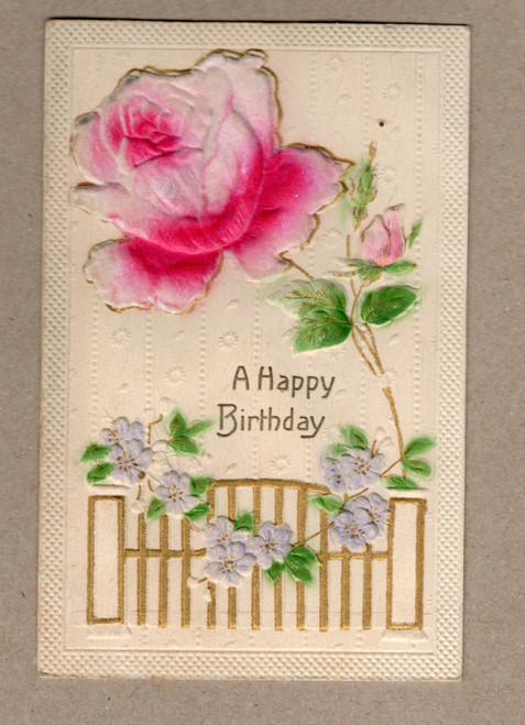 Antique embossed Happy Birthday postcard with large pink rose and floral design made in Germany