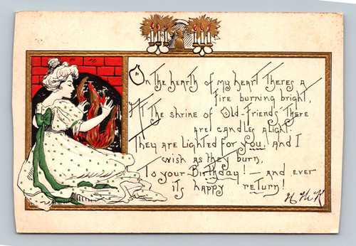 Birthday greeting card with candle and heartfelt message, printed in Germany 1908