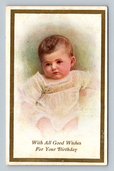 Vintage birthday greeting postcard with early 20th century stamp box