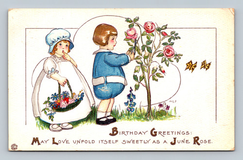 Birthday greeting postcard with floral theme and vintage stamps