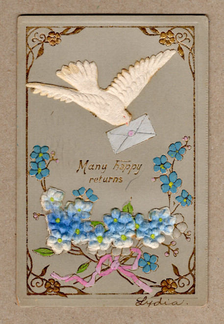 Embossed Felt Forget Me Not Dove Birthday Postcard Germany 1908