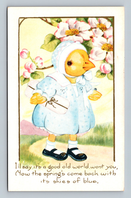 Anthropomorphic chic in blue bonnet and dress spring postcard