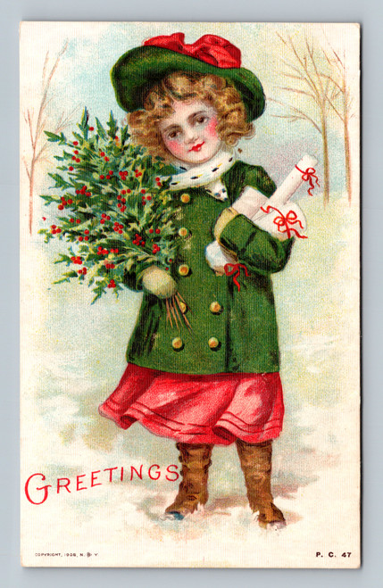 girl in green coat holding holly and gifts