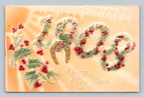 Happy New Year greeting postcard with early 20th century postage rates