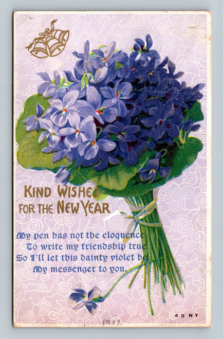 Dainty violet flower with New Year greeting postcard from E. Weymouth