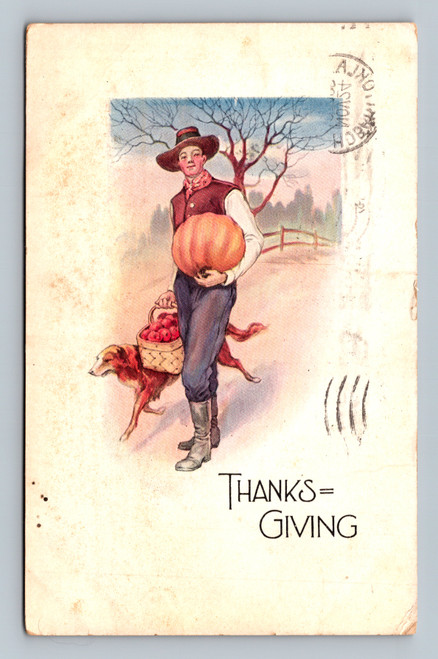 ThanksGiving Man carrying pumpkin and basket followed by dog