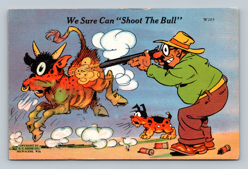 A hunter literally shooting a startled bull while a small dog looks on in shock.