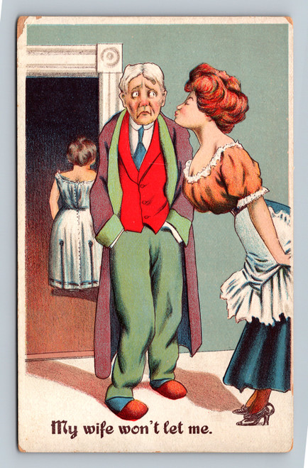 Humorous text postcard with phrase my wife won't let me
