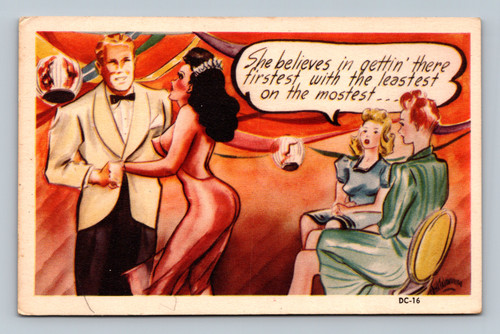 She believes in gettin' there firstest vintage postcard by Dexter Press