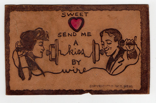 Antique Leather Postcard Sweet Send Me A Kiss By Wire Telephone Romance