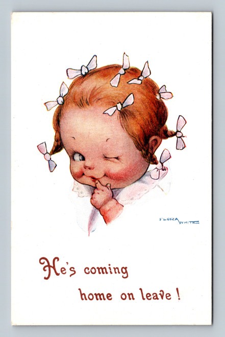 Flora White with text He's coming home on leave postcard from Hampstead